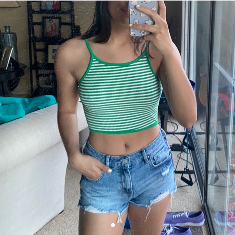 Striped green halter top w criss cross back
